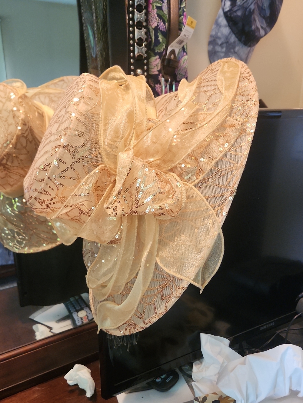 Gold Sequin Organza Bow Facinie Hat for weddings, teas, formals, graduations etc